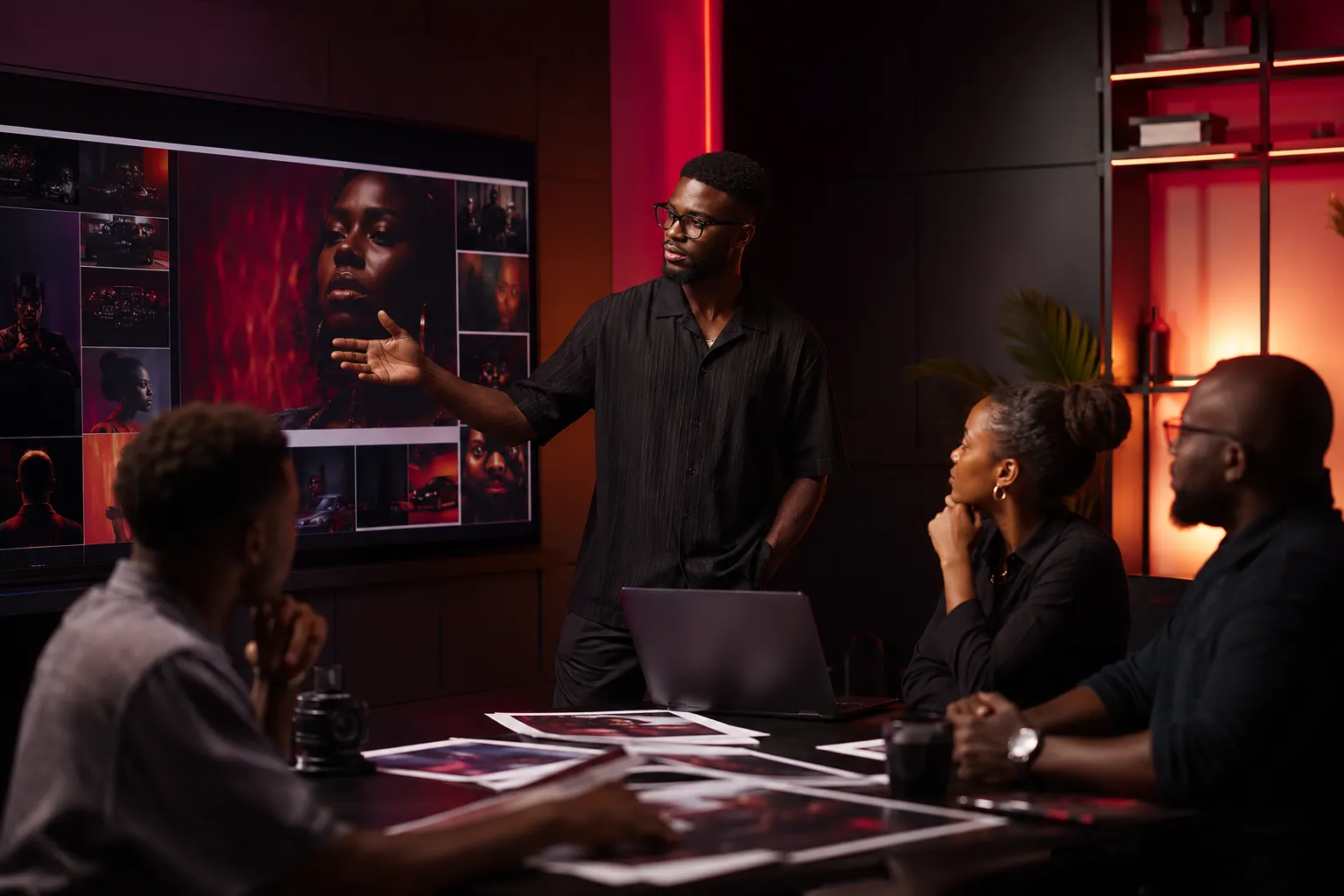 A Nigerian creative director presenting campaign work to a studio team
