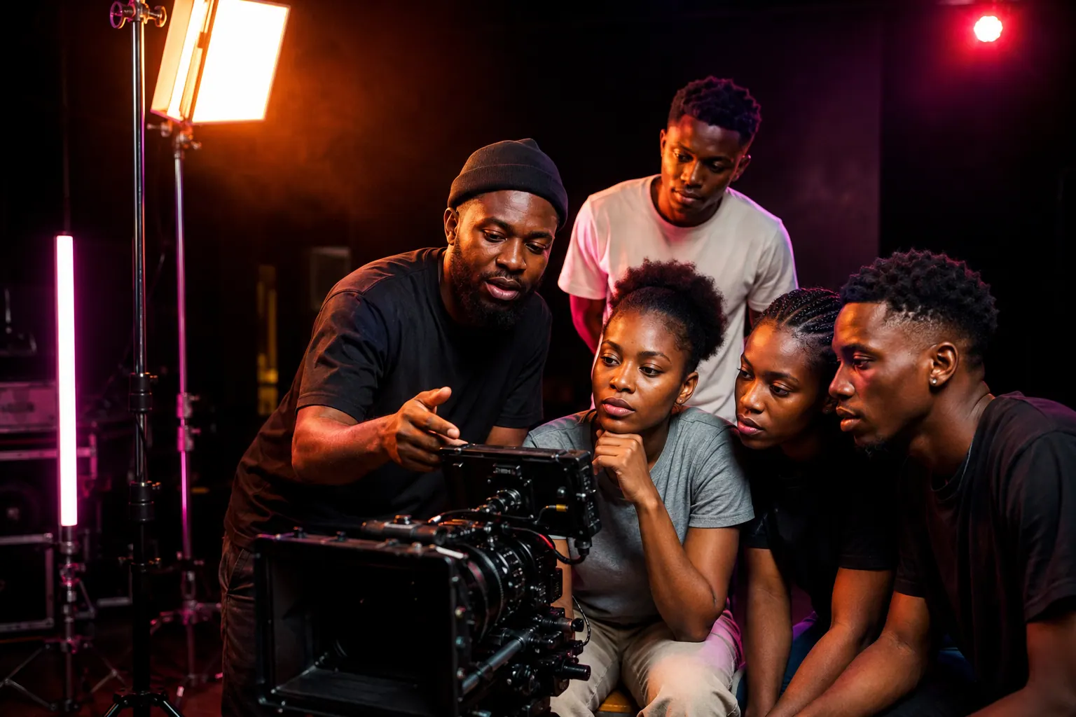 Nigerian creatives learning professional filmmaking around a cinema camera
